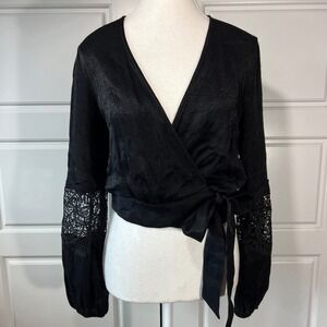 Express Black Wrap Top Lace Sleeve Blouse Tie Front Crop Long Sleeve Boho XS‎